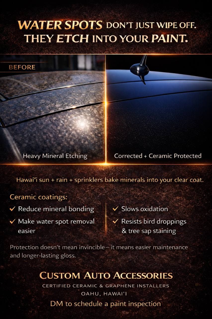 Before and after water spot removal — heavy mineral etching corrected with ceramic protection